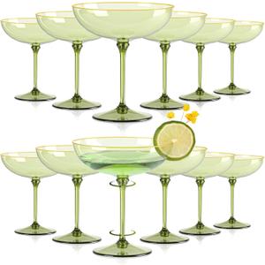 12 PCS Plastic Coupe Glasses 9 oz Sage Green Detachable Gold Rim Martini Glass Espresso Champagne Cocktail Cups Disposable Vintage Margarita Glassware for Christmas Bridal Wedding Baby Shower