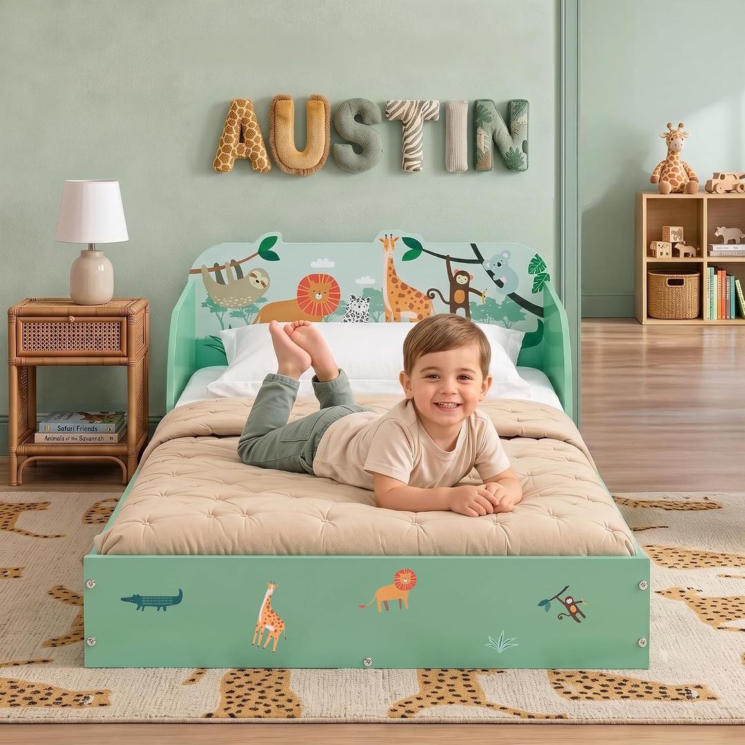 Delta Children Safari Wood Floor Toddler Bed with Reusable Stickers, Green