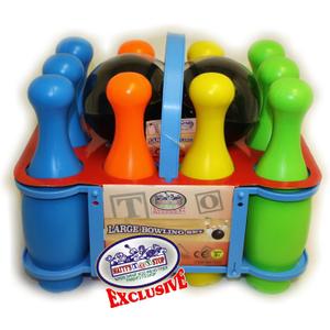 Matty's Toy Stop 10 Pin Multi-Color Deluxe Plastic Bowling Set for Kids with Storage Rack - 12 Pieces Total (10 Pins & 2 Bowling Balls)