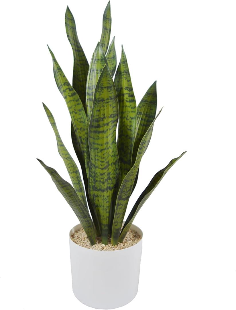 Fake Snake Plant, 27in Artificial Plant with White Pot Realistic Leaves, Low Maintenance Potted Plant for Indoor Decor, No Watering Needed, Perfect for Home, Office & Pet Areas