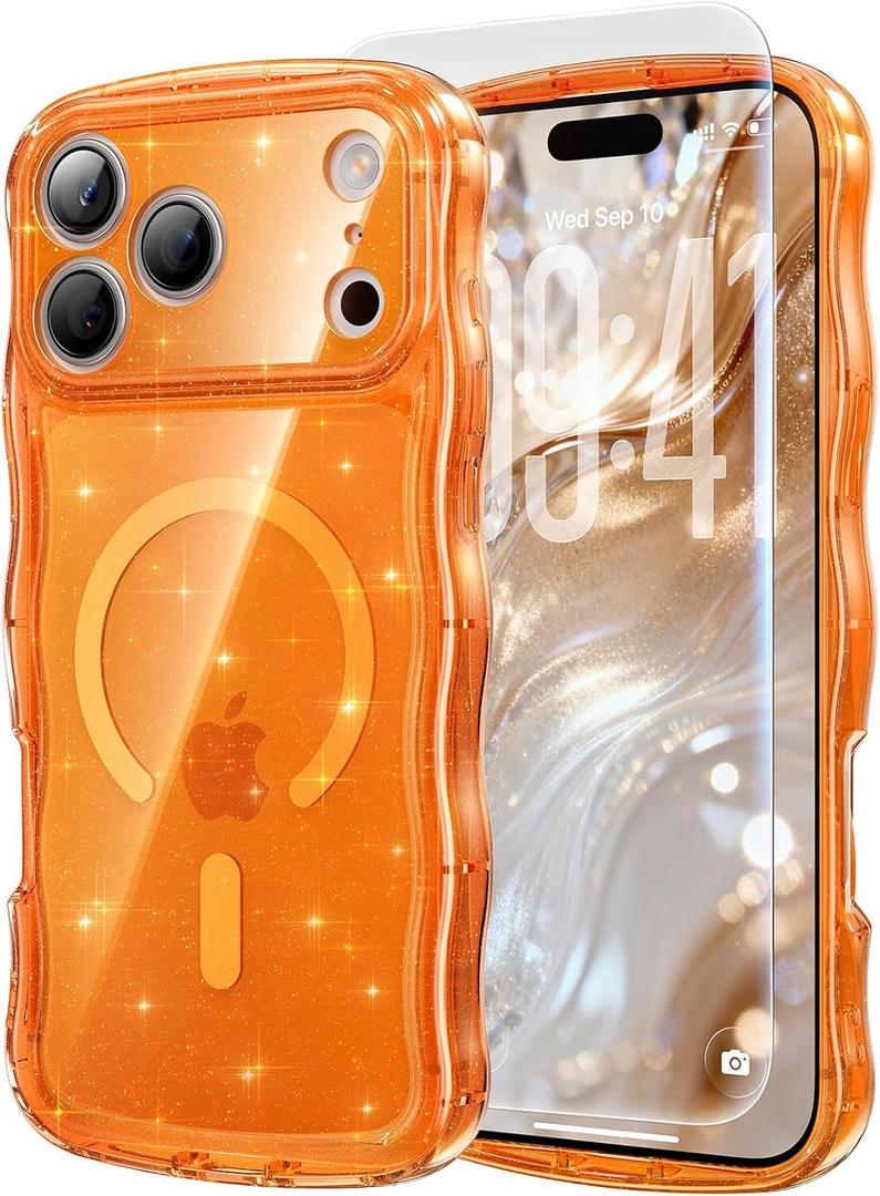 3 in 1 Magnetic for iPhone 17 Pro Max Case, Sparkly Bling Glitter Cute Curly Wave [Fit for MagSafe]1X Screen Protector+1X Wrist Strap, Trendy Women Girly Clear Case for 17 Pro Max 6.9", Orange Clear