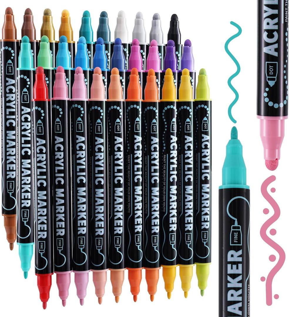 nauets 30 Colors Dual Tip Acrylic Paint Markers, Dot & Fine Tip Acrylic Paint Pens for Rock, Wood, Fabric, Canvas, Glass, Paper, Ceramic, Scrapbook, Egg, DIY Crafts Supplies-Teacher Appreciation Gift