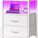 Huuger Night Stand with Charger Station and LED Lights, 2 Drawer Nightstand, Bed Side Table with Open Shelf, End Table, Fabric Dresser for Bedroom, PU Leather, White
