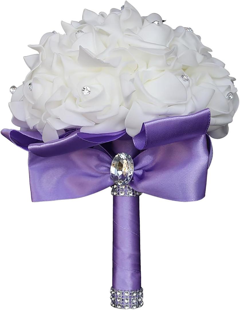 Wedding Bouquet - Crystal Diamond Silk Roses, Bride & Bridesmaid Hand Roses, Artificial Flowers for Wedding Churches & Parties (Purple)