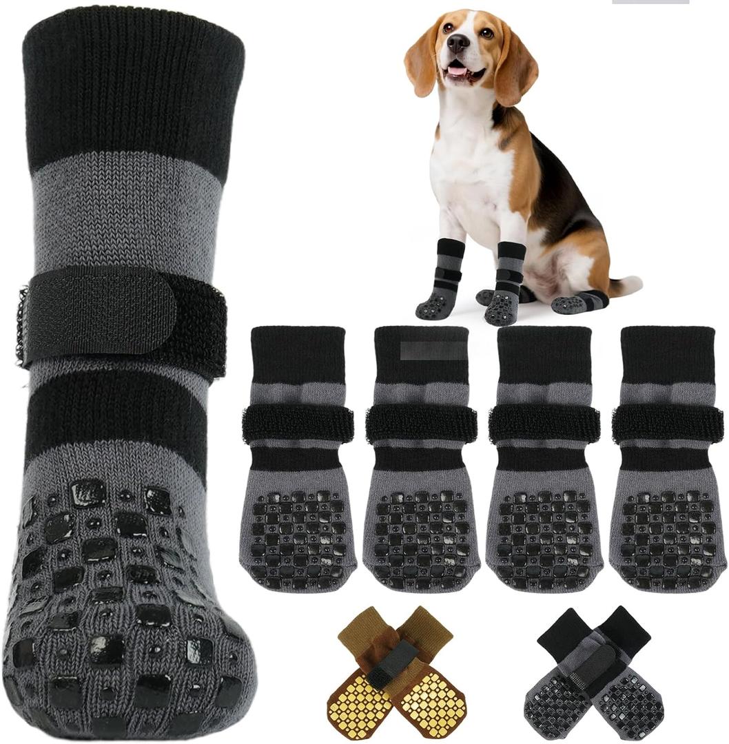 Kuoser Dog Socks with Grippers to Prevent Licking Paws, 4 Pcs Non Slip Dog Booties Paw Protector for Hardwood Floors, Double Sides Dogs Grippy Socks, Small