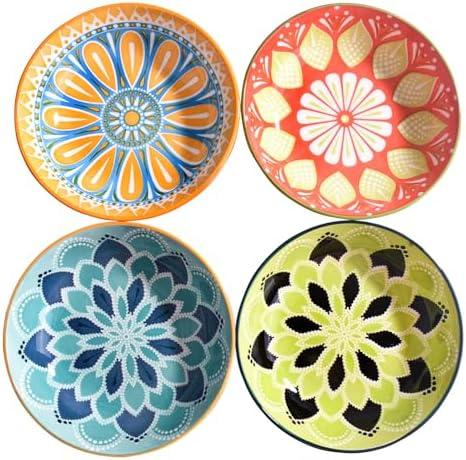 LMRLCS Ceramic Dipping Bowls Set of 4-5.6 Inch Colorful Mandala Small Serving Plates for Appetizers, Snacks & Sushi - Shallow Decorative Bowls for Tapas, Sauce & Dessert, Microwave & Dishwasher Safe