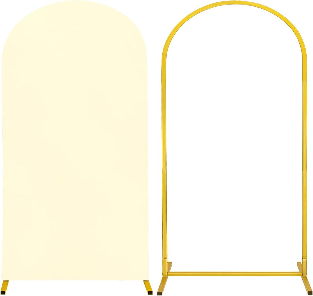 Metal Arch Stand and Cover Set,1 Ivory Spandex Fitted Backdrop with 1 Gold Wedding Arched Stand Frame for Parties Birthday Baby Shower Bridal Banquet Decoration (6.6FT)