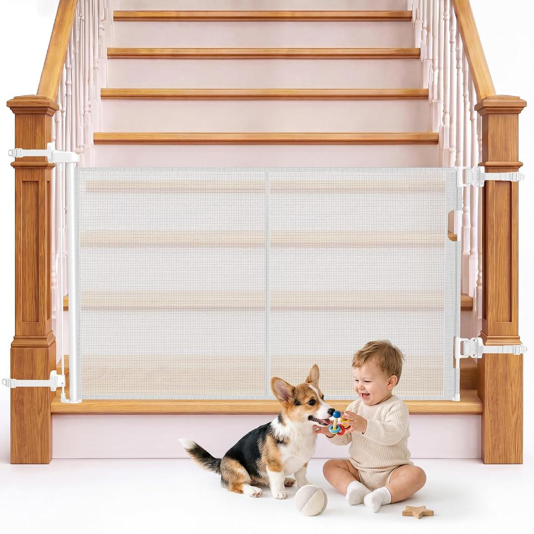Reinforced Retractable Baby Gate for Stairs & Banister, 55" Wide Mesh Dog Gate, One-Handed Dual Lock Safety Gate for Kids & Pets, Fits Round & Square Posts (White)