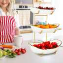 White Ceramic 3 Tier Modern Fruit Bowl with Metal Stand, Tiered Fruit Tray for Kitchen Counter, Snacks Nuts Bread Candy Storage