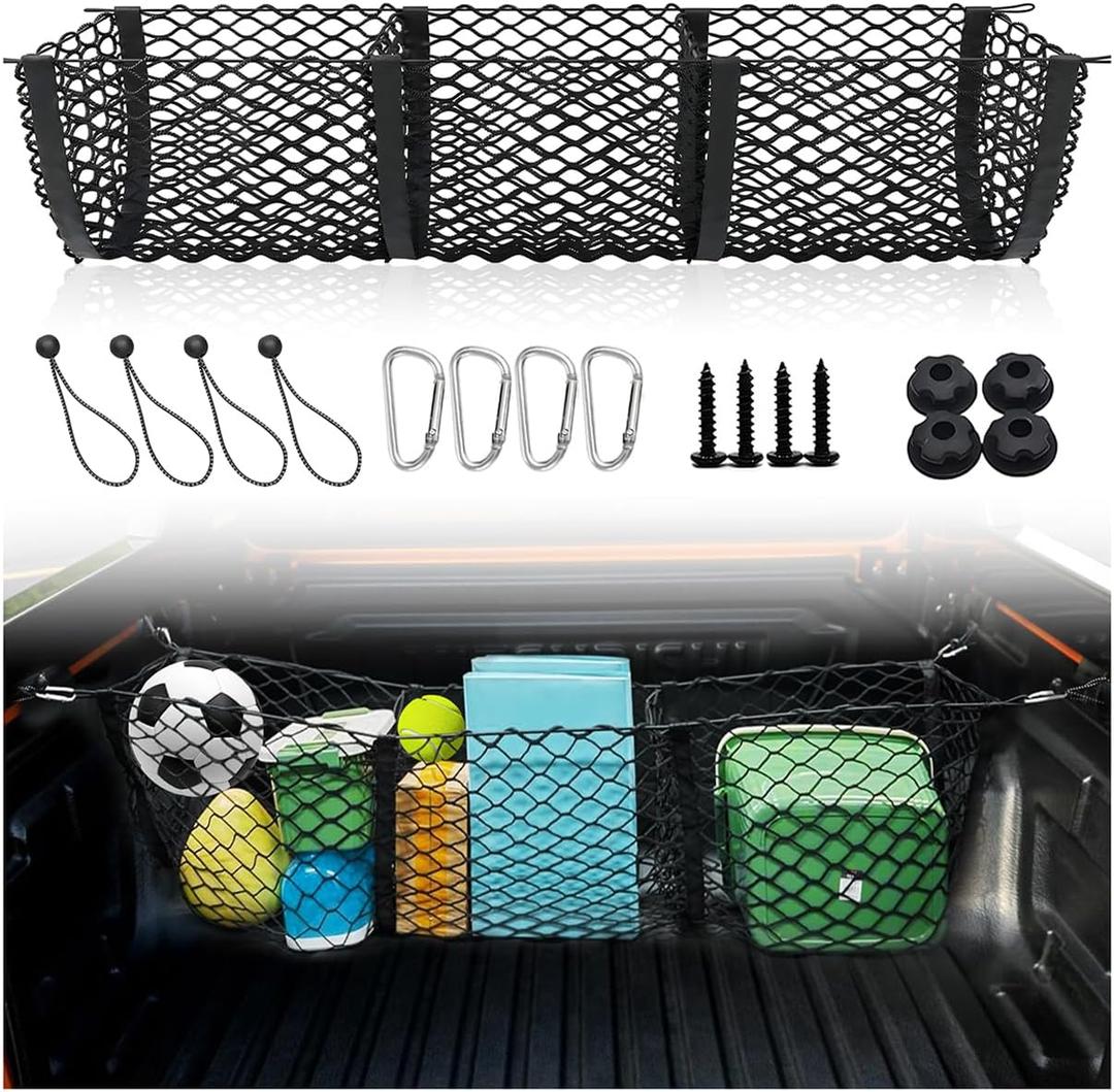 Upgraded 3 Pocket Truck Bed Cargo Net for Toyota Ford Dodge GMC Chevy Silverado, Universal Pickup Mesh Storage Net 47.2" x 11.8" Stretchable Elastic Truck Bed Grocery Holder Net with 4 Ball Bungees