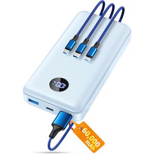Portable Charger Power Bank, 60000mAh Battery Pack with 3 in 1 USB-C/iOS/Micro-USB Cable, 22.5W Fast Charging Portable Phone Charger, Travel Camping Essential Powerbank for iPhone 17/16 Samsung,Azure