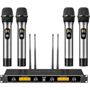 TONOR Wireless Microphones System, 4x5 Channel UHF Wireless Mic, 4 Handheld Adjustable Frequency Metal Cordless Dynamic Mic, Multiset Operation, 90 m Ideal for Karaoke Singing Wedding Church, Silver