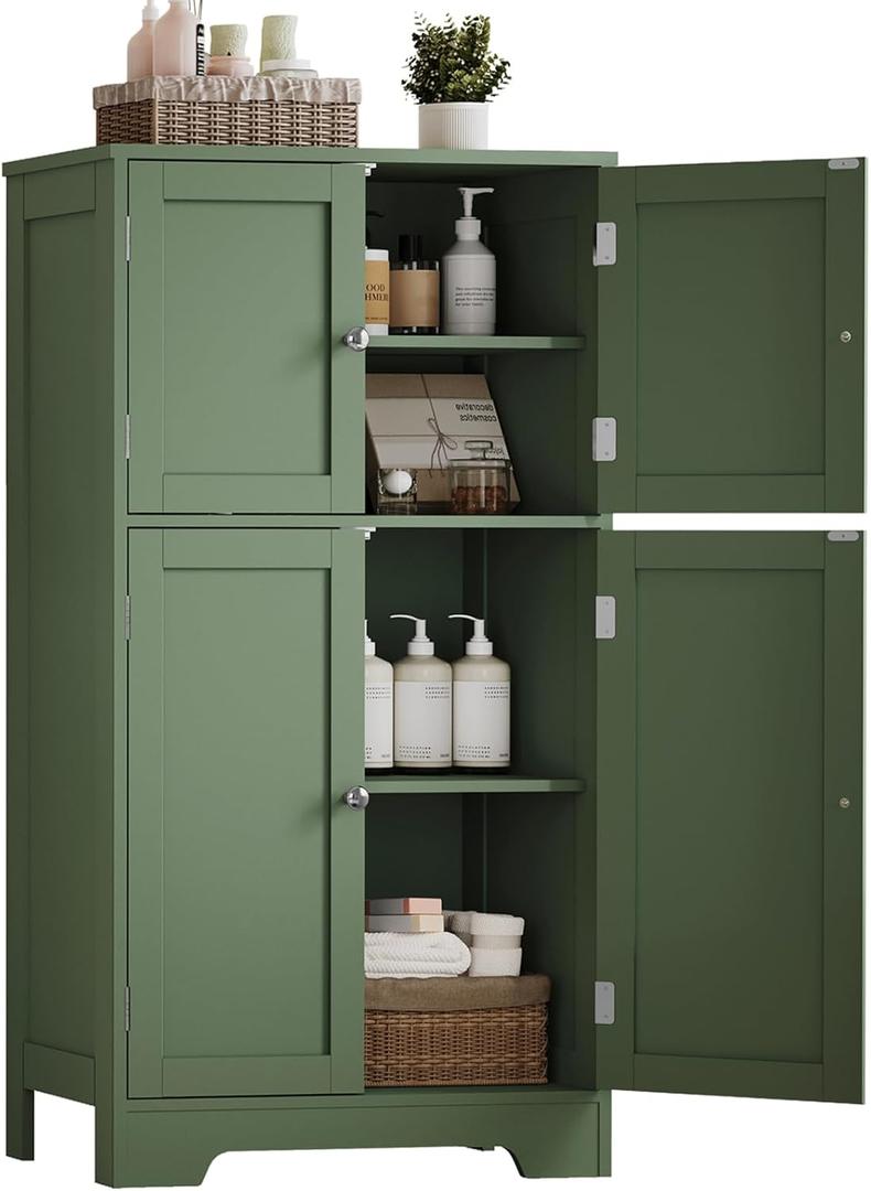 TEENFON Bathroom Floor Storage Cabinet, Freestanding Bathroom Cabinet with 4 Doors & 2 Adjustable Shelves, Cupboard, Floor Cabinets for Living Room, Entryway, Office, Forest Green