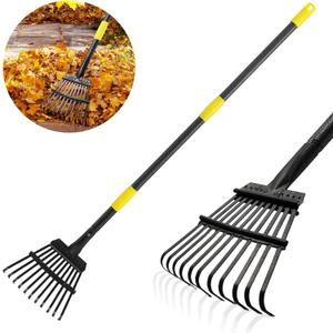 Leaf Rake, Small Rake for Leaves with 30"-60" Adjustable Long Handle, 11 Tines 8.5" Wide, Metal Rakes Heavy Duty for Lawns, Gardening, Yard, Camping, Shrub, Grass, Bush, Weed, Debris