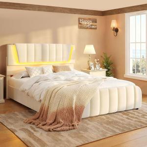 Decofy Full Size Bed Frame with Adjustable Headboard Upholstered Platform Storage Bedframe with Drawers and Led Lights, Wooden Slats Support, No Box Spring Needed