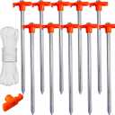 ABCCANOPY 15 Inch Tent Stakes 10 Pcs Non-Rust Metal Ground Anchors, Heavy Duty Spikes with 4 Ropes for Outdoor Camping, Orange