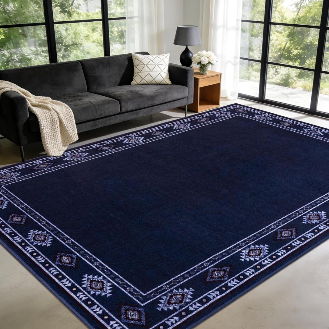 Large Area Rug for Bedroom Living Room, 6x9 Feet Ultra Soft Navy Blue Rugs Washable Modern Geometric Bordered Non Slip Low Pile Carpets Home Decor