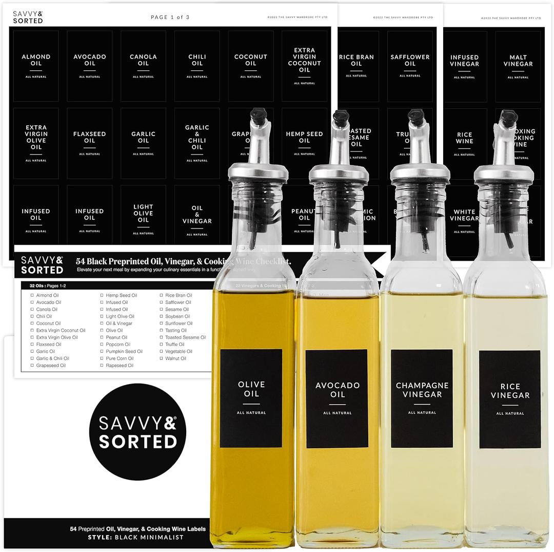 Black Oil Bottle Labels, 54 Preprinted Pantry Stickers for Oils and Vinegar Dispenser Glass Bottles, Condiment Jars, Waterproof Removable, Kitchen Organization