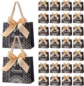 Marspark 30 Pcs Ramadan Mubarak Reusable Gift Bags with Bow, Black Gold Foil Stamping, Eid Mubarak Treat Bags with Handles, Reusable Eid Basket for Gifts Wrapping, Kareem Party Supplies, 14*6*12cm
