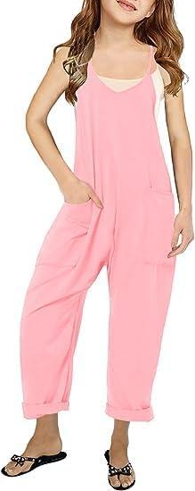 CharmWM Girls Casual Jumpsuits Spaghetti Strap Sleeveless Loose Romper Long Pants with Pockets Kids Clothes