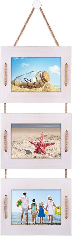 DLQuarts 5x7 Hanging Picture Frames Collage Wall Decor, 3-Frame Set, 3.5x5 with Mat or 5x7 Without Mat, Rustic Solid Wood Photo Frame Pack of 2 Vintage White