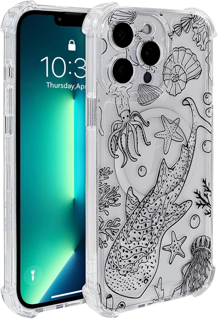 for iPhone 13 Pro Case Clear Magnetic, Compatible with MagSafe, Ocean Marine Animals Pattern, Slim Shockproof Camera Lens Protection Phone Case for Women Men 6.1" - Black