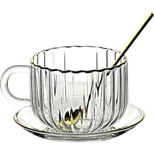 Pumpkin Shaped Glass Coffee Mug with Saucer and Spoon, 14.5oz Glass Teacup with Gold Rim