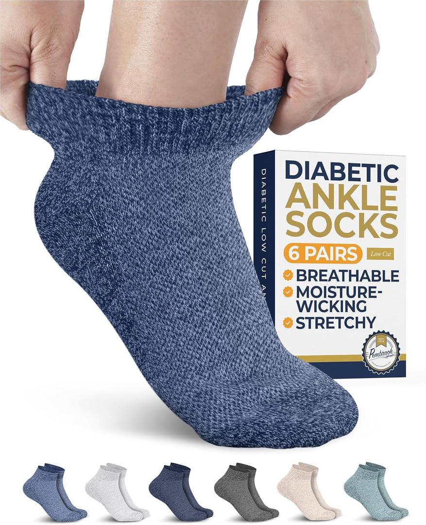 Pembrook Ankle Diabetic Socks for Women and Men - 6 Pairs | Low Cut Neuropathy Socks for Women | Smooth Toe Seams (Large, Blues & Neutrals Pack - 6 Pairs)