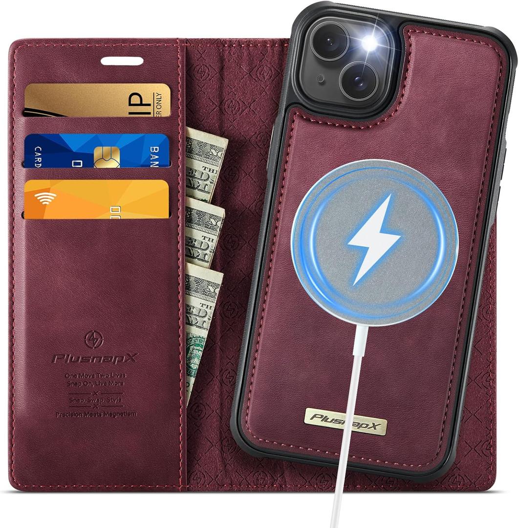 Wallet Case for iPhone 15 Plus Compatible with Magsafe, 2-in-1 PU Leather Flip RFID Blocking Card Holder Stand Shockproof Magnetic Detachable Case for iPhone 15 Plus Case 6.7", Burgundy