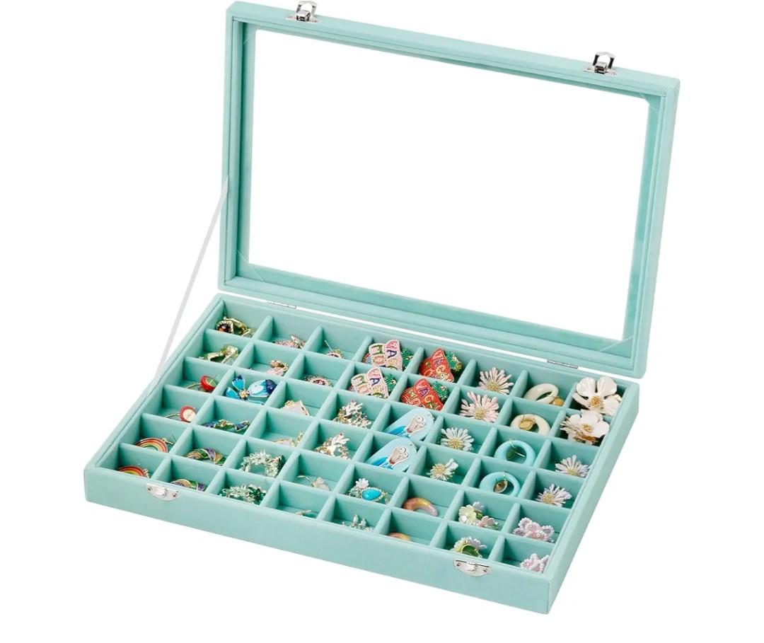 Frebeauty 48 Grid Jewelry Tray,Adjustable Earring Holder Organizer with Glass Lid,Velvet Drawer Jewelry Organizer for Rings,Studs,13.8 x 9.5 x 2 Inches Jewelry Display Box,Gift for Women(Turquoise)