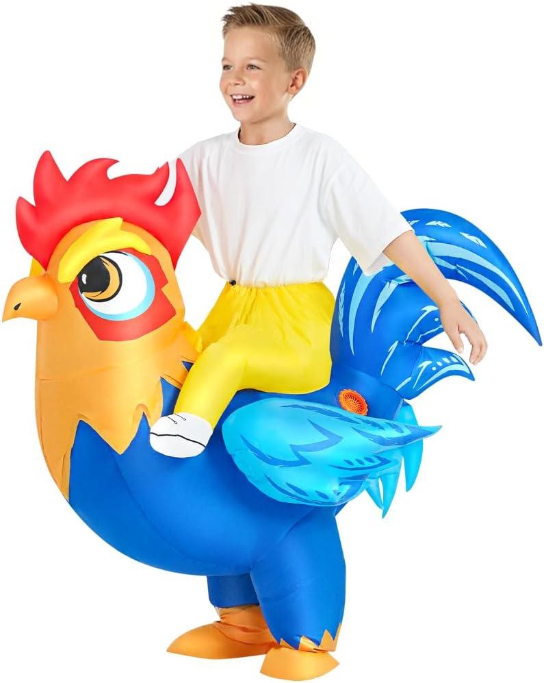 Inflatable Chicken Costume Kids Rooster Ride On Blow Up Halloween Costume For Girls Boys (7-10 Yrs)