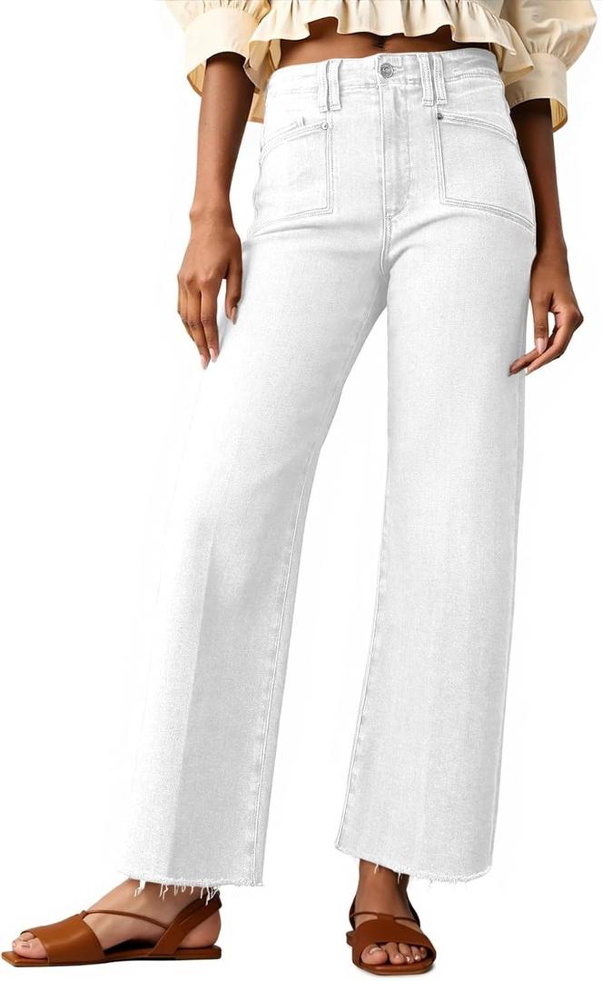 Cicy Bell Womens High Waisted Cropped Jeans Trendy Stretchy Baggy Straight Leg Raw Hem Capri Denim Pants (White), Size 4