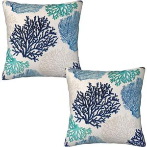 Coastal Beach Coral Throw Pillow Covers 16x16 in Set of 2, Decor Decorative Blue Ocean Pillow Case Square Cushion Covers for Sofa Bed Couch Living Room