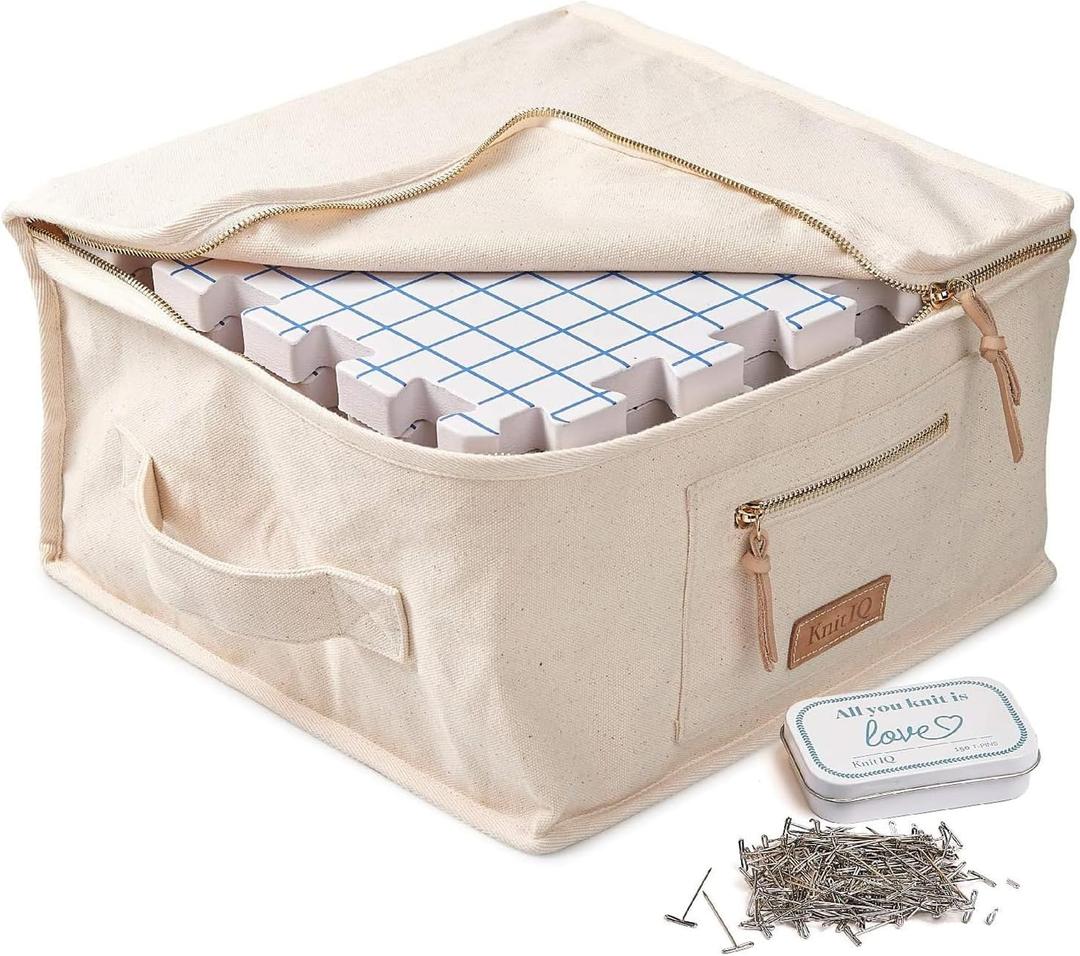 KnitIQ Pack of 9 Blocking Mats for Knitting and Crocheting - Extra Thick Blocking Boards for Crochet Projects - Block Mats for Knitting with Circular Gridlines, 150 T-Pins, and Storage Bag