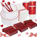WELLIFE 700 Pcs Red Plastic Plates for 100 Guests - Plastic Dinnerware Set,Party Supplies Includes 200 Red Disposable Plates,300 Silverware,100 Napkins,100 Cups,Valentines Plates