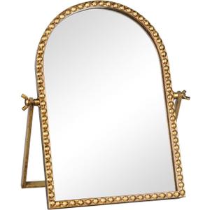 Vintage Desk Makeup Mirror, 11.8" L x 7.9" W Antique Gold Vanity Table Mirror, Metal Framed Arched Small Standing Mirrors with Beaded, 360 Adjustable Rotation for Tabletop, Bedroom