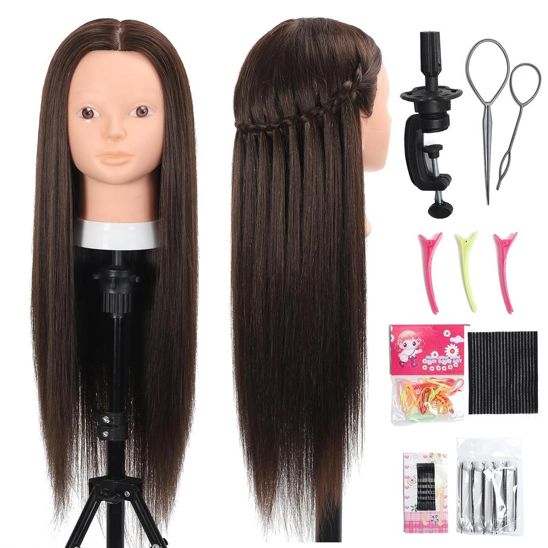 26 Inch Mannequin Head 80% Real Human Hair Styling Mannequin Doll Head Human Hair for Hairdresser Practice Hair and Makeup With Free Clamp (#4 No Makeup) (#4 Dark Brown)