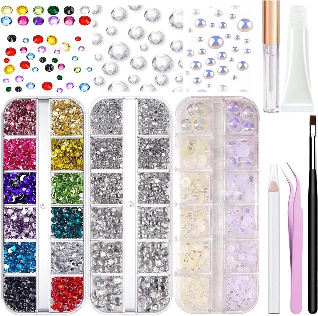Hair Face Gems Rhinestone with Makeup Glue, Flat Back Colorful Jewels Crystal Rhinestone Half Round AB Pearl Kit, Wax Pencil Tweezer and Brush for Face Eyes Hair Body Makeup