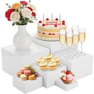 6 Pcs Buffet Display Risers, 3 to 8 Inch White Acrylic Showcase Boxes Set, Versatile Food & Dessert Display Stands with Hollow Bottoms, Ideal for Weddings, Parties, Jewelry & Retail Presentation