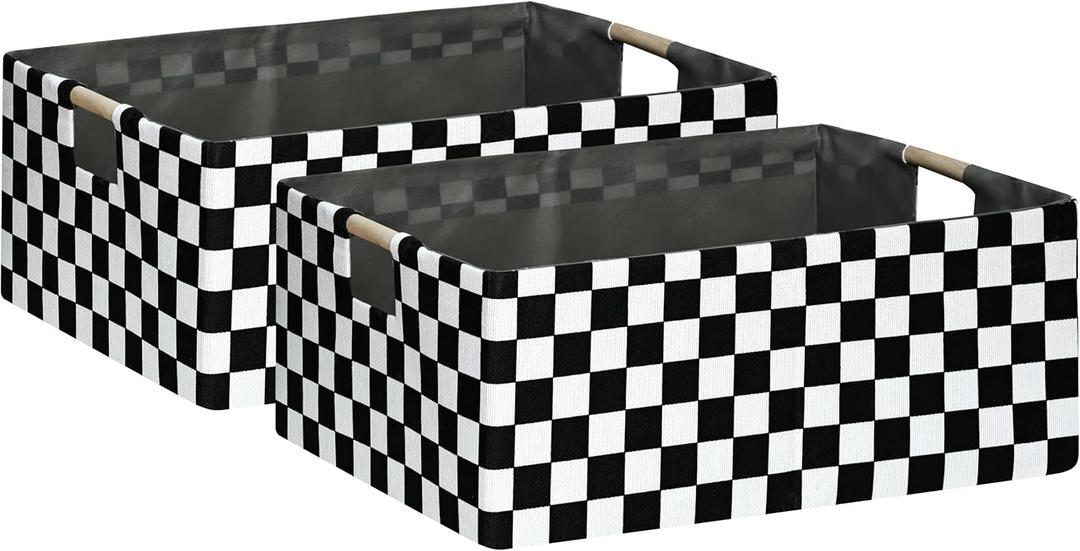 Checkered Storage Basket Foldable Nursey Box | 16.9" Storage Cube for Women Closet Organizer Boys Car Toys Bins with Handles | Sturdy Cardboard & Washable Fabric 2Pack (Racing Flag)