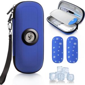 Krypthos Insulin Cooler Diabetes Travel Case with Thermometer Temperature Display, Refrigerated Medication Travel Bag, Vials Organizer Bag with 2 TSA Approved Ice Pack for Daily Trip (Blue)