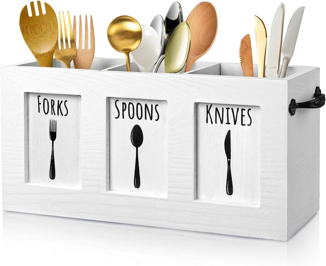 Wood Flatware Organizer, Rustic Utensil & Silverware Holder for Forks, Spoons, Knives, Farmhouse Kitchen Cutlery Caddy Bin Countertop - White
