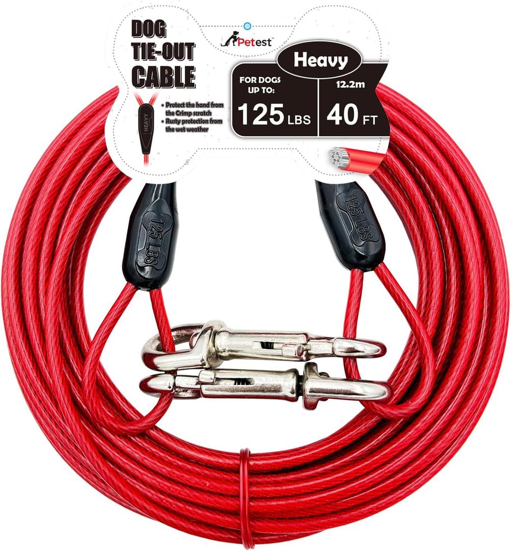 Petest 40ft Tie-Out Cable with Crimp Cover for Heavy Dogs Up to 125 Pounds (Black & Red)