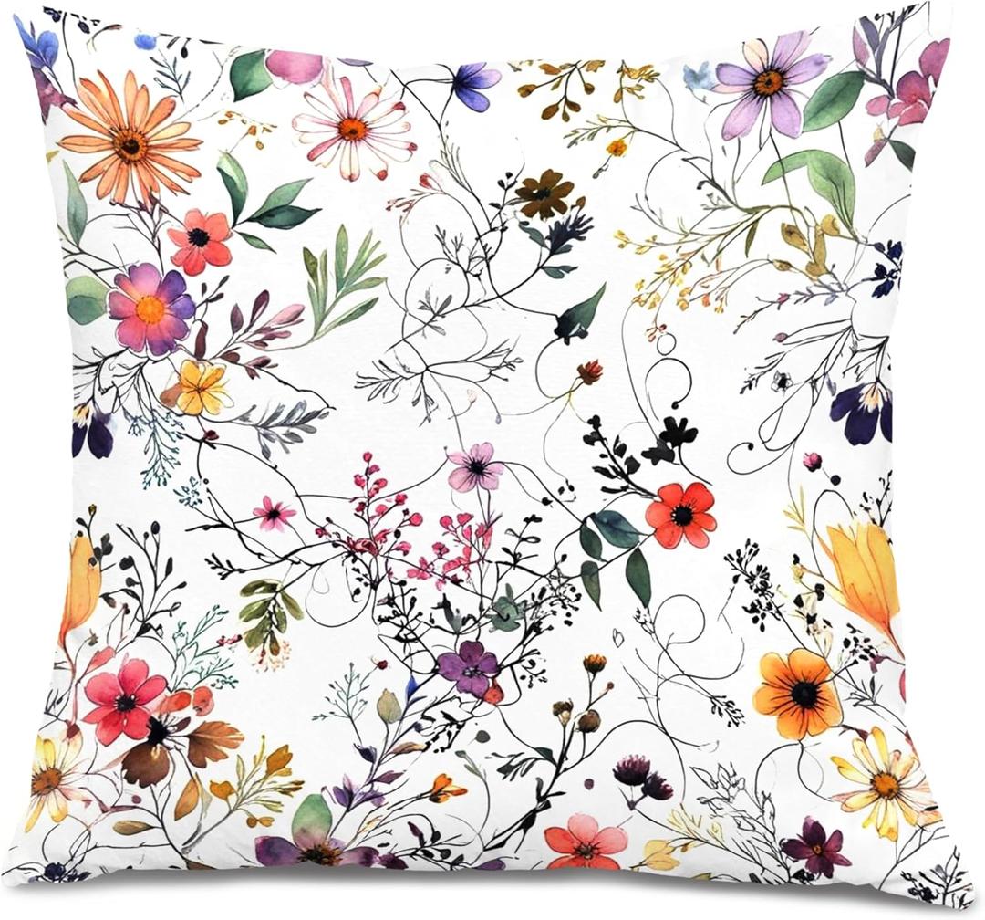 2 x Colorful Floral Botanical Pillow Covers 18x18, Flower Floral Room Decor, Rustic Cottagecore Wildflower Plants Decorative Throw Pillow Covers for Bedroom Living Room Home Office (Colour 05)