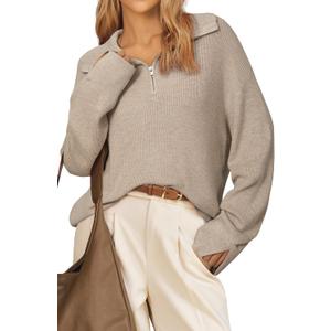Arach&Cloz Women's Wool Blend Quarter Zip Pullover Sweater Trendy Winter Soft Casual Lapel Oversized Fit Top (L)