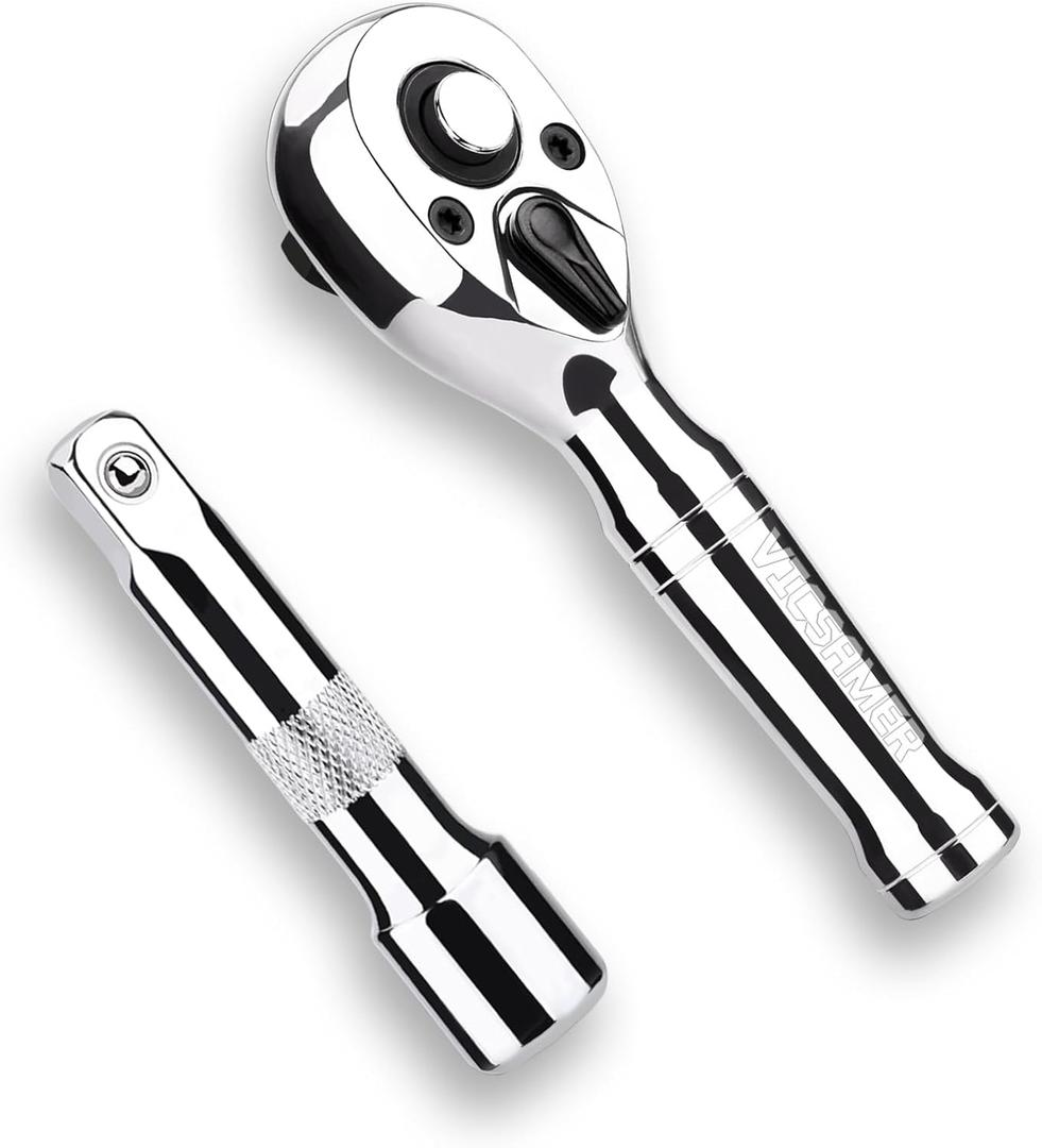 Stubby Ratchet Set- 3/8" Drive Ratchet Handle with a Extension Bars, Gift for Men 72-T Reversible Quick Release Head Premium Mini Ratchet Wrench for Narrow Spaces