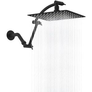 Hibbent All Metal Rain Shower Head, 10'' High Pressure Rainfall Showerhead with 16" Shower Head Extension Arm, Solid Brass Adjustable Shower Arm Extender, Waterfall fixed Showerheads, Matte Black