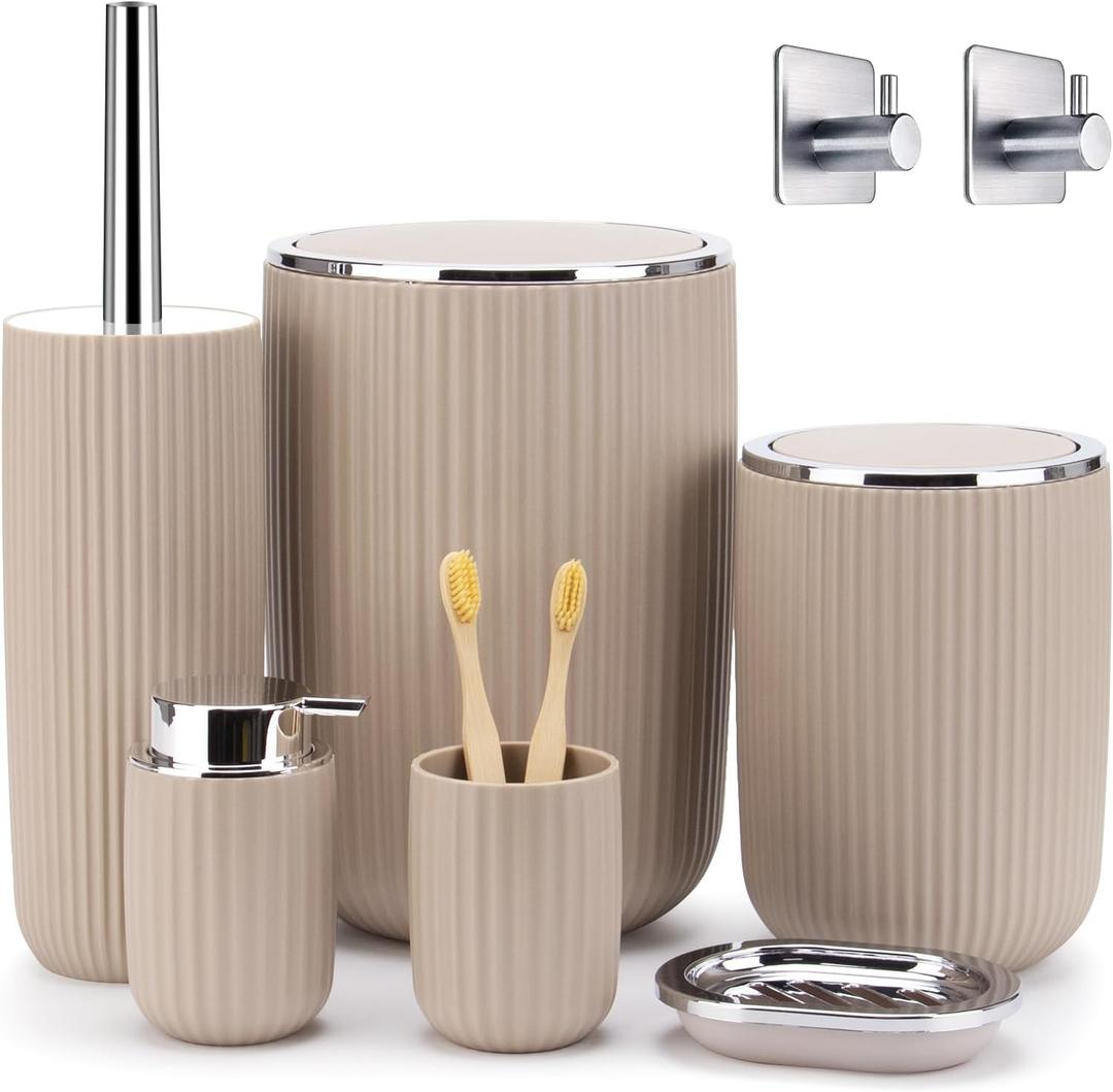 Boperzi Bathroom Accessory Set 8 PC: Bathroom Accessories Set with Trash Can, Lotion Dispenser, Soap Dish, Toothbrush Cup,Toilet Brush, Adhesive Hooks - Bathroom Decor Kit, Beige Bathroom Set Complete