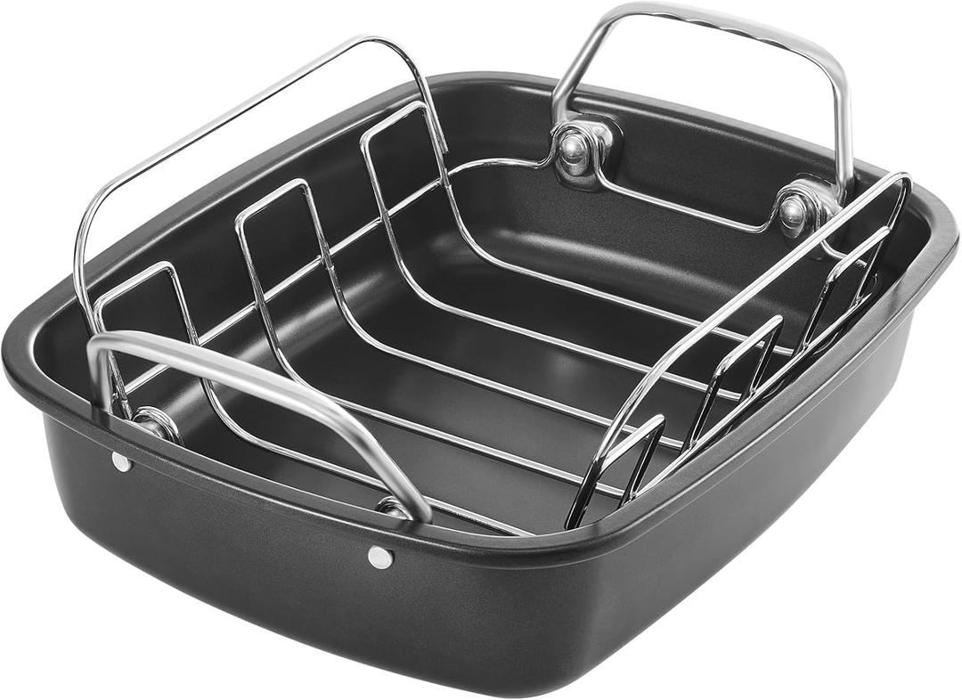 KITESSENSU Nonstick Turkey Roasting Pan with Rack 17 x 14 inch - Large Chicken Roaster Pan for Oven - Wider Handles & Heavy Duty Construction - Suitable for 24lb Turkey, Gray