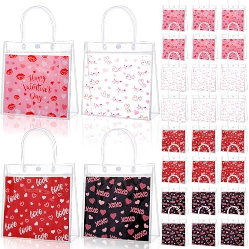 FOGWOWO 48 Pcs Valentine Gift Bags Valentines Clear Bags Plastic PVC Valentine's Day Heart Gift Bags with Button Handles Valentine Candy Goodie Bag for Wedding Holiday Party Wrapping Supplies